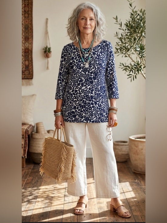 Charter Club Tops - Charter Club Navy and White Floral 3/4 Sleeve Tunic top XL professional office